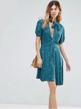 Free People Abbie Fit and Flare Teal Green Tie-Neck Short Sleeve Mini Dress